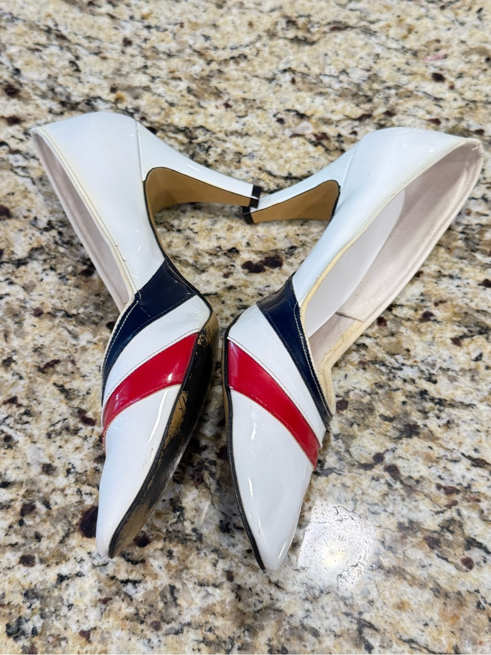 Vintage patent leather pumps red white blue rockabilly pinup narrow heel SZ 7 - Picture 7 of 13